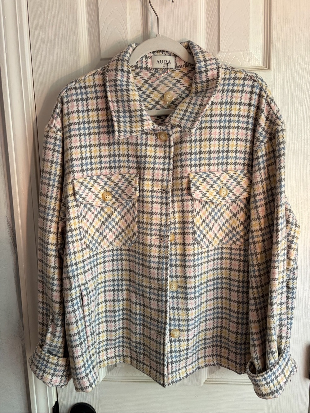 Aura Multicolor Houndstooth Shirt Jacket in Soft Pastels